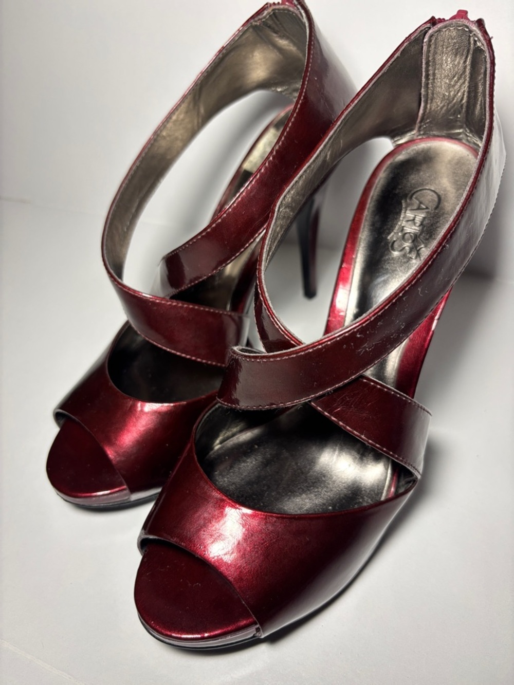 Carlos by Carlos Santana Burgundy Red Strappy Peep-Toe Stiletto Heels -GB2